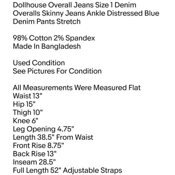Dollhouse Overall Jeans Size 1 Denim Overalls Skinny Jeans Ankle Distressed Blue - Picture 6 of 6